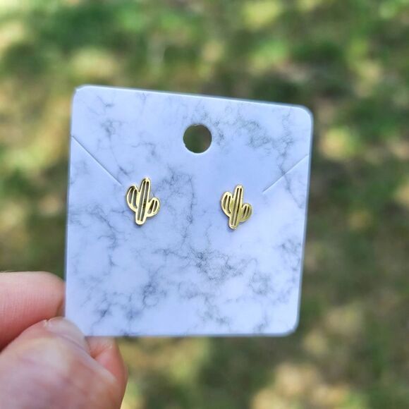 Gold Cactus Stud Earrings - Picture 3 of 5